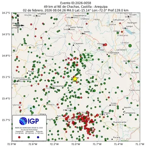 Mapa sísmico del sismo de magnitud 4 a 49 km al NE de Chachas, Castilla - Arequipa, Perú