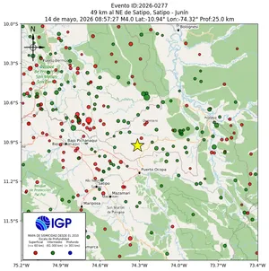 Mapa sísmico del sismo de magnitud 4 a 49 km al NE de Satipo, Satipo - Junín, Perú