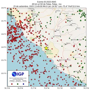 Mapa sísmico del sismo de magnitud 4 a 49 km al SO de Palpa, Palpa - Ica, Perú