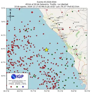 Mapa sísmico del sismo de magnitud 4 a 49 km al SO de Salaverry, Trujillo - La Libertad, Perú