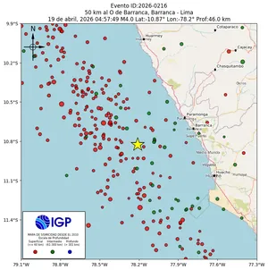 Mapa sísmico del sismo de magnitud 4 a 50 km al O de Barranca, Barranca - Lima, Perú