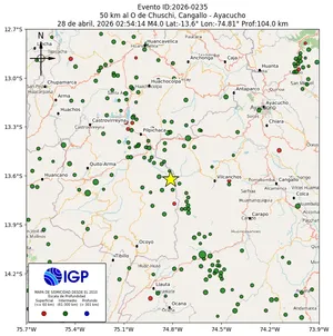 Mapa sísmico del sismo de magnitud 4 a 50 km al O de Chuschi, Cangallo - Ayacucho, Perú