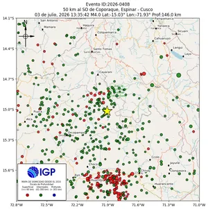Mapa sísmico del sismo de magnitud 4 a 50 km al SO de Coporaque, Espinar - Cusco, Perú