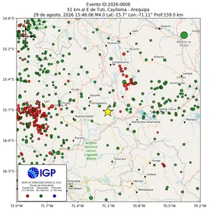 Mapa sísmico del sismo de magnitud 4 a 51 km al E de Tuti, Caylloma - Arequipa, Perú