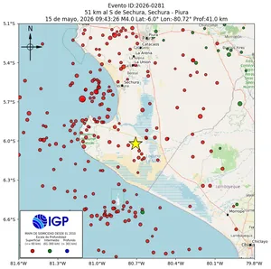 Mapa sísmico del sismo de magnitud 4 a 51 km al S de Sechura, Sechura - Piura, Perú
