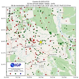 Mapa sísmico del sismo de magnitud 4 a 52 km al N de Satipo, Satipo - Junín, Perú