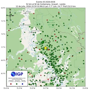Mapa sísmico del sismo de magnitud 4 a 52 km al SE de Contamana, Ucayali - Loreto, Perú