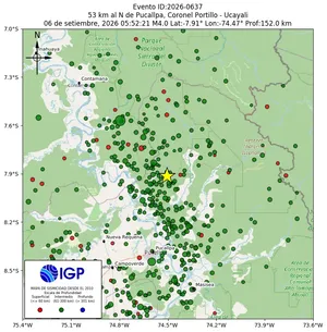 Mapa sísmico del sismo de magnitud 4 a 53 km al N de Pucallpa, Coronel Portillo - Ucayali, Perú