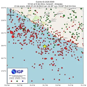 Mapa sísmico del sismo de magnitud 4 a 53 km al O de Atico, Caravelí - Arequipa, Perú