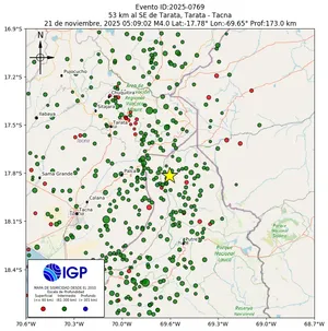 Mapa sísmico del sismo de magnitud 4 a 53 km al SE de Tarata, Tarata - Tacna, Perú
