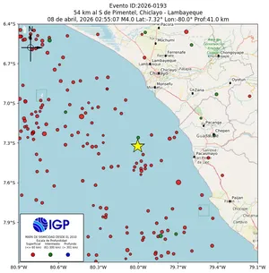 Mapa sísmico del sismo de magnitud 4 a 54 km al S de Pimentel, Chiclayo - Lambayeque, Perú