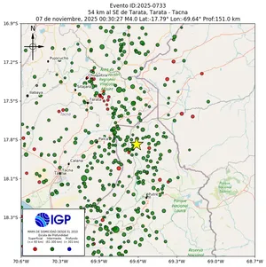 Mapa sísmico del sismo de magnitud 4 a 54 km al SE de Tarata, Tarata - Tacna, Perú