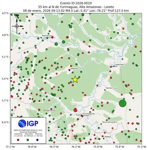 Mapa sísmico del sismo de magnitud 4 a 55 km al N de Yurimaguas, Alto Amazonas - Loreto, Perú