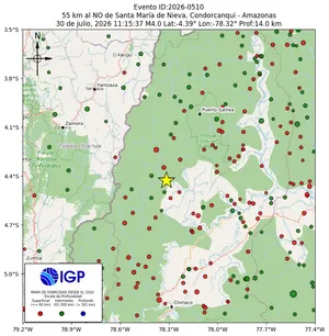 Mapa sísmico del sismo de magnitud 4 a 55 km al NO de Santa María de Nieva, Condorcanqui - Amazonas, Perú