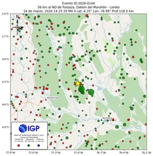Mapa sísmico del sismo de magnitud 4 a 56 km al NO de Pastaza, Datem del Marañón - Loreto, Perú