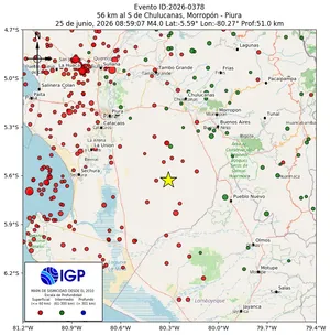 Mapa sísmico del sismo de magnitud 4 a 56 km al S de Chulucanas, Morropón - Piura, Perú