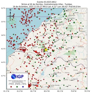 Mapa sísmico del sismo de magnitud 4 a 56 km al SE de Zorritos, Contralmirante Villar - Tumbes, Perú