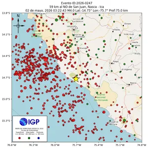 Mapa sísmico del sismo de magnitud 4 a 59 km al NO de San Juan, Nasca - Ica, Perú