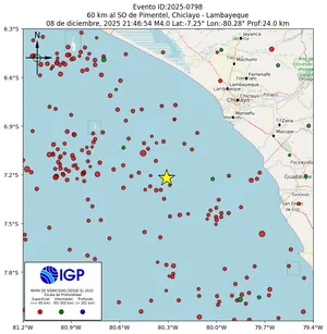 Mapa sísmico del sismo de magnitud 4 a 60 km al SO de Pimentel, Chiclayo - Lambayeque, Perú