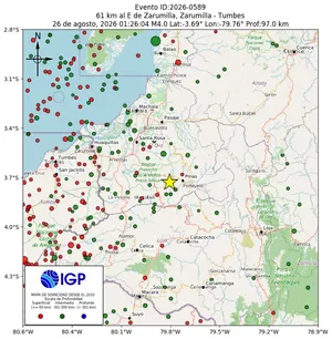 Mapa sísmico del sismo de magnitud 4 a 61 km al E de Zarumilla, Zarumilla - Tumbes, Perú