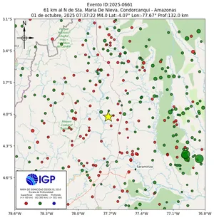 Mapa sísmico del sismo de magnitud 4 a 61 km al N de Sta. Maria De Nieva, Condorcanqui - Amazonas, Perú