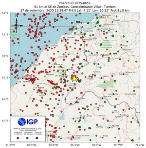 Mapa sísmico del sismo de magnitud 4 a 61 km al SE de Zorritos, Contralmirante Villar - Tumbes, Perú
