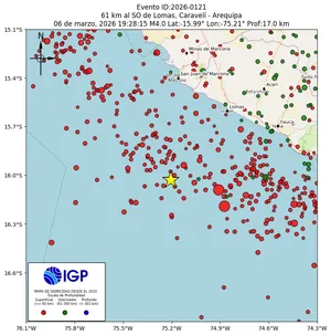 Mapa sísmico del sismo de magnitud 4 a 61 km al SO de Lomas, Caravelí - Arequipa, Perú