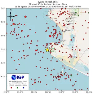 Mapa sísmico del sismo de magnitud 4 a 61 km al SO de Sechura, Sechura - Piura, Perú