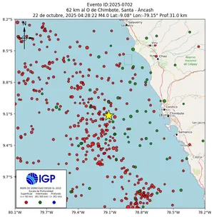 Mapa sísmico del sismo de magnitud 4 a 62 km al O de Chimbote, Santa - Áncash, Perú