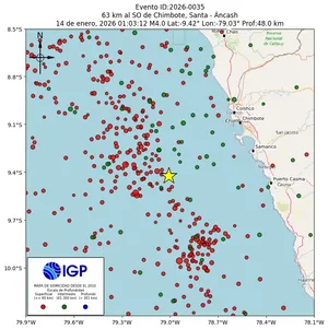 Mapa sísmico del sismo de magnitud 4 a 63 km al SO de Chimbote, Santa - Áncash, Perú