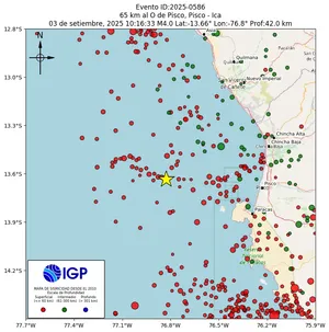 Mapa sísmico del sismo de magnitud 4 a 65 km al O de Pisco, Pisco - Ica, Perú
