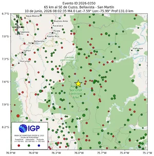 Mapa sísmico del sismo de magnitud 4 a 65 km al SE de Cuzco, Bellavista - San Martín, Perú
