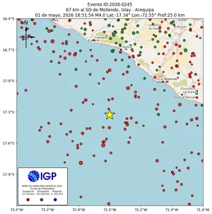 Mapa sísmico del sismo de magnitud 4 a 67 km al SO de Mollendo, Islay - Arequipa, Perú