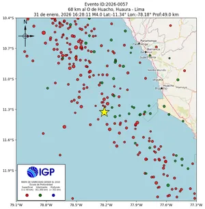 Mapa sísmico del sismo de magnitud 4 a 68 km al O de Huacho, Huaura - Lima, Perú
