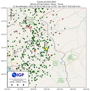 Mapa sísmico del sismo de magnitud 4 a 69 km al E de Calana, Tacna - Tacna, Perú