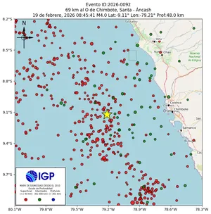 Mapa sísmico del sismo de magnitud 4 a 69 km al O de Chimbote, Santa - Áncash, Perú