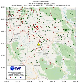 Mapa sísmico del sismo de magnitud 4 a 7 km al N de Satipo, Satipo - Junín, Perú