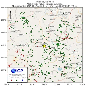 Mapa sísmico del sismo de magnitud 4 a 7 km al SE de Puquio, Lucanas - Ayacucho, Perú