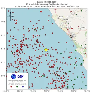 Mapa sísmico del sismo de magnitud 4 a 71 km al O de Salaverry, Trujillo - La Libertad, Perú
