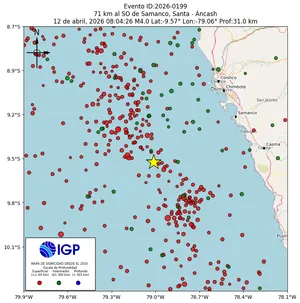 Mapa sísmico del sismo de magnitud 4 a 71 km al SO de Samanco, Santa - Áncash, Perú