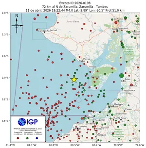 Mapa sísmico del sismo de magnitud 4 a 72 km al N de Zarumilla, Zarumilla - Tumbes, Perú