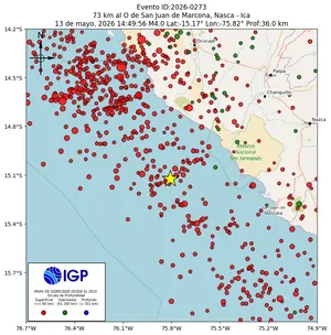 Mapa sísmico del sismo de magnitud 4 a 73 km al O de San Juan de Marcona, Nasca - Ica, Perú