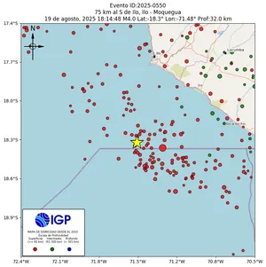 Mapa sísmico del sismo de magnitud 4 a 75 km al S de Ilo, Ilo - Moquegua, Perú