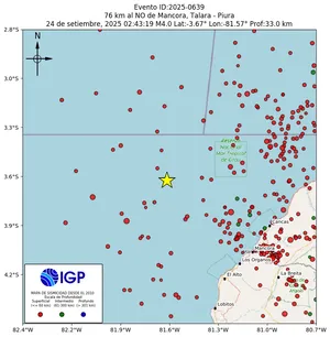 Mapa sísmico del sismo de magnitud 4 a 76 km al NO de Mancora, Talara - Piura, Perú