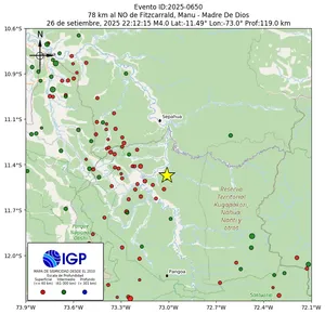 Mapa sísmico del sismo de magnitud 4 a 78 km al NO de Fitzcarrald, Manu - Madre De Dios, Perú
