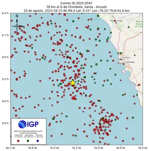 Mapa sísmico del sismo de magnitud 4 a 78 km al O de Chimbote, Santa - Ancash, Perú