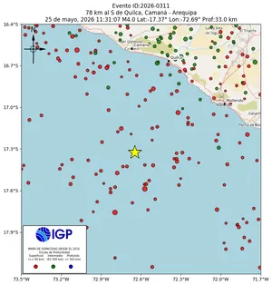 Mapa sísmico del sismo de magnitud 4 a 78 km al S de Quilca, Camaná - Arequipa, Perú