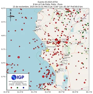 Mapa sísmico del sismo de magnitud 4 a 8 km al E de Paita, Paita - Piura, Perú