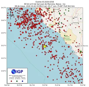 Mapa sísmico del sismo de magnitud 4 a 80 km al O de San Juan de Marcona, Nasca - Ica, Perú