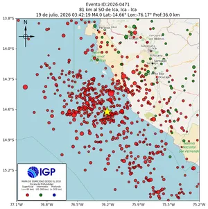Mapa sísmico del sismo de magnitud 4 a 81 km al SO de Ica, Ica - Ica, Perú